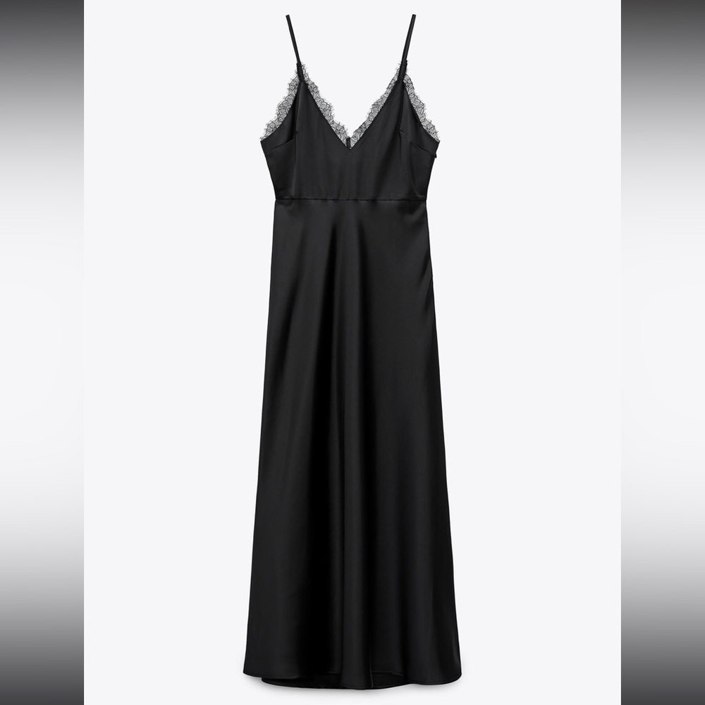 Zara Black V-neck Lace-Trimmed Satin Dress MIDI Size S NWOT